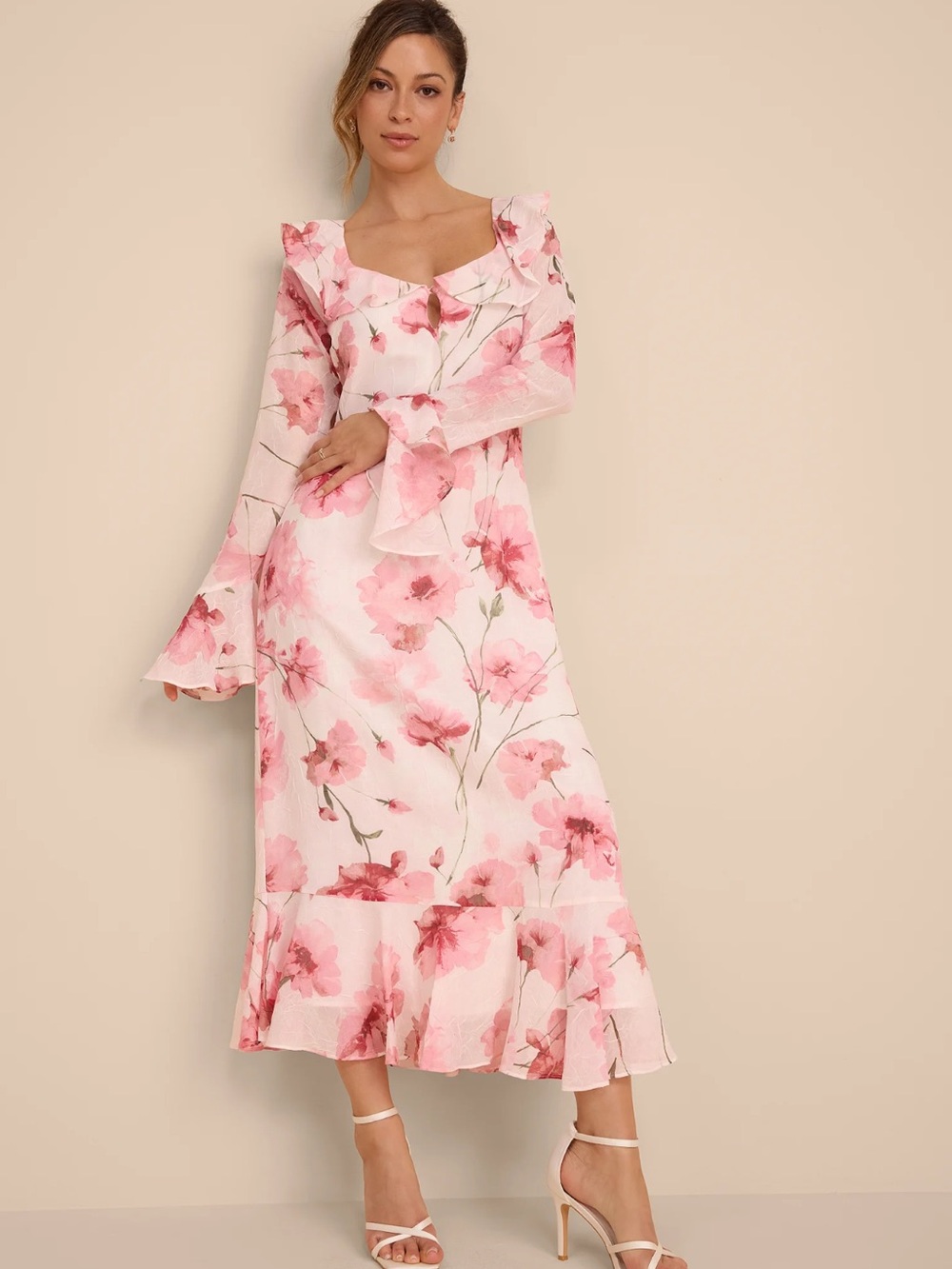 Lulu’s Pink Floral Ruffle Midi Dress - size small